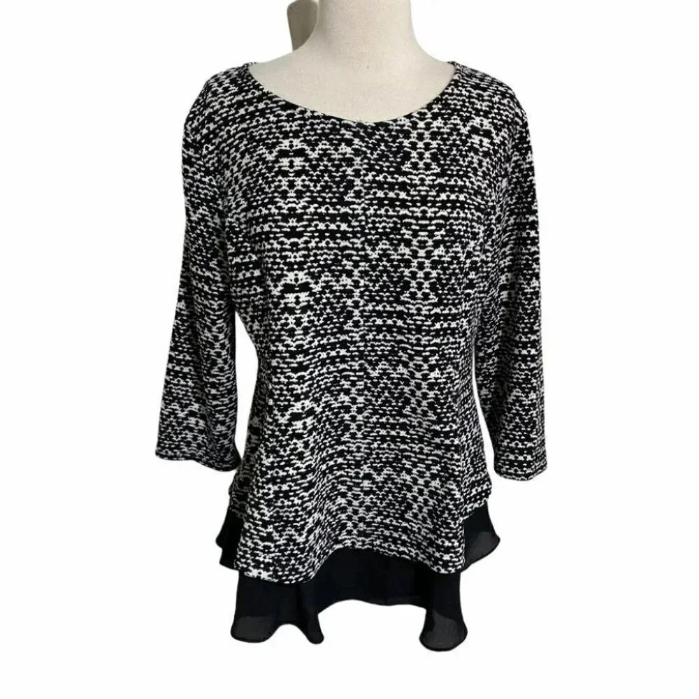 Casual Couture by Green Envelope Black White Textured Tunic Top XL Mobwife‎